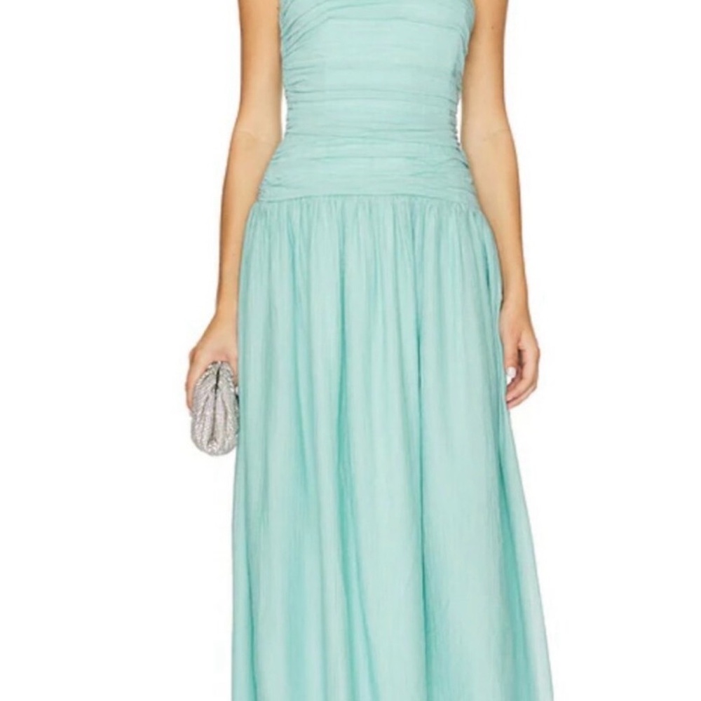 Line & Dot Strapless Aqua Maxi Gown